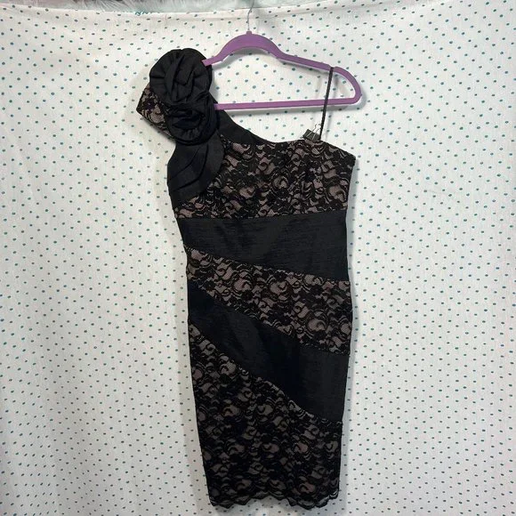 SL Fashions | Dresses | Sl Fashions Black Lace Nude One Shoulder Bodycon  Dress | Poshmark